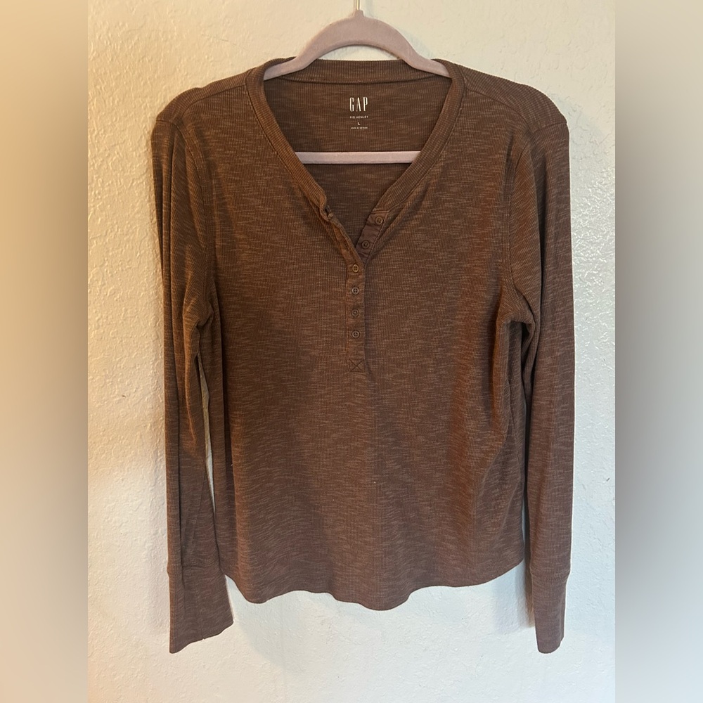 GAP Chocolate Ribbed Henley Long Sleeve Top